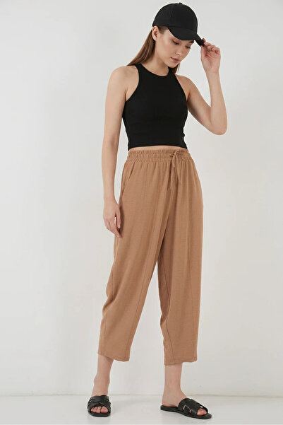 Efnaz style Women's High Waist Linen Camel Trousers