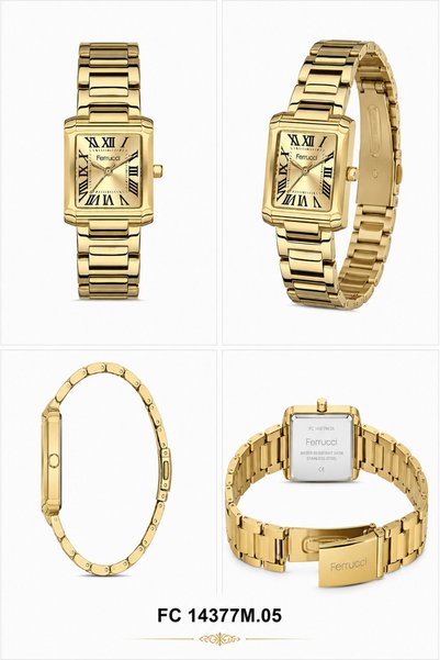 Ferrucci Roman Numeral Square Case Gold Dial Gold Color Metal Band Women Wristwatch