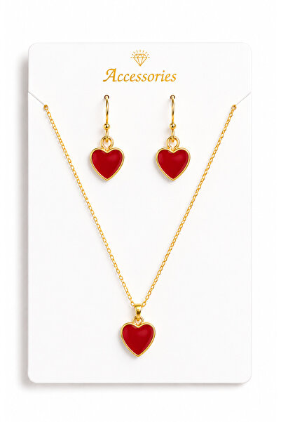 MakeWell Pink White Red Heart Figured Gold Necklace and Earrings Jewelry Set ...