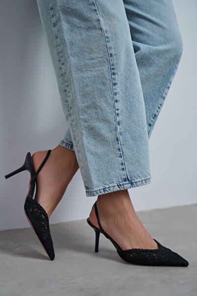 NİŞANTAŞI SHOES Norely Black Knitwear Mesh Embroidered Open Back Women's Heel...