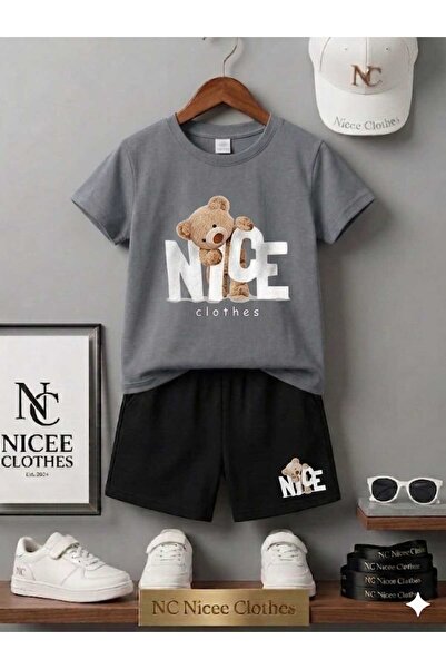NC Nicee Clothes Summer Children's T-Shirt Shorts Unisex (White Nicee Bear Pr...