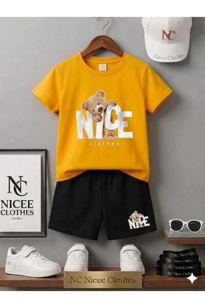 NC Nicee Clothes Summer Children's T-Shirt Shorts Unisex (White Nicee Bear Pr...