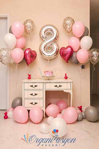 Organizasyon Pazarı Silver Number 8 Age Balloon Set Pink Heart White Transpar...