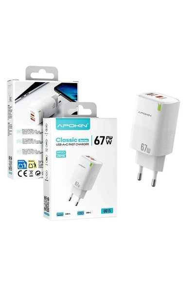 Other Apokin 67W 1xPD USB-C 1xQC4.0 USB Fast Charger White (U015)