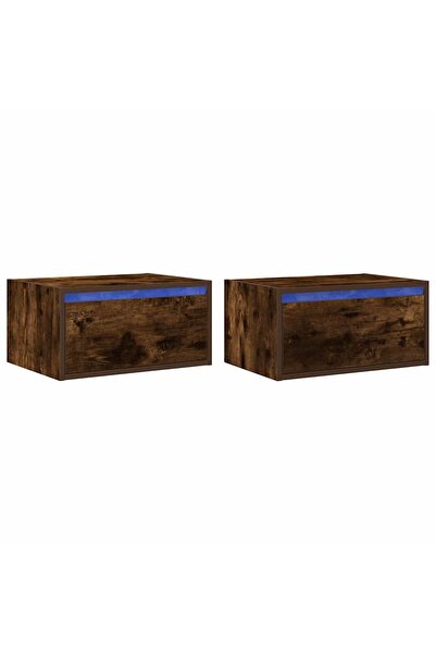 vidaxl Noptiere montate pe perete cu lumini LED, 2 buc.,stejar fumuriu