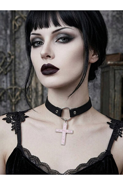 Feronnucci Kadın Gotik Haç Choker Kolye – Siyah Deri Boyunluk, Taşlı Haç Koly...