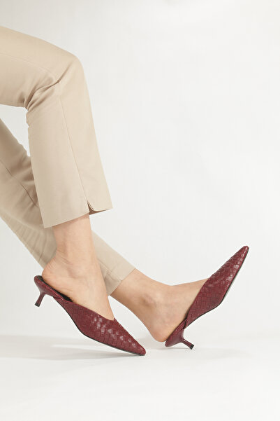 PİMORA Burgundy Knitted Pointed Toe Slippers with 4 cm Thin Heel New Season