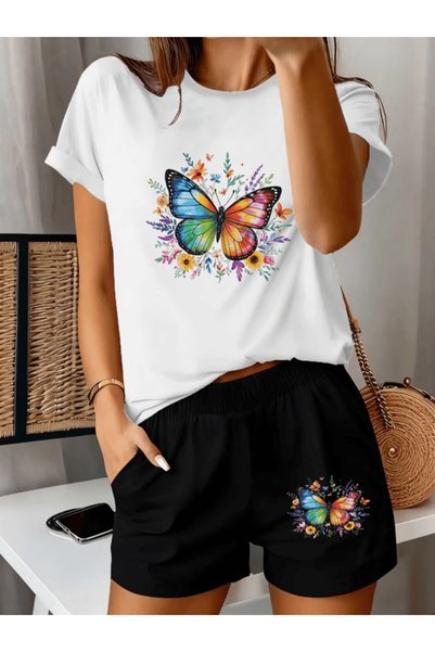 gencerco Colorful butterfly print women's premium oversize top and bottom set...