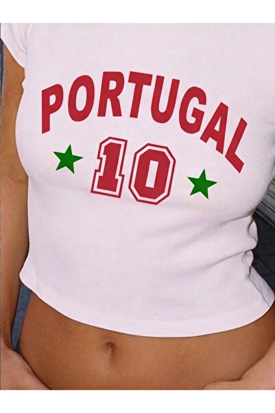 Scrovtie Tricou crop alb pentru femei - Portugalia, 100% bumbac, cu decolteu ...