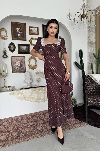 Caddebostan Moda Lace Detailed Polka Dot Bow Decorated Square Neck Midi Dress