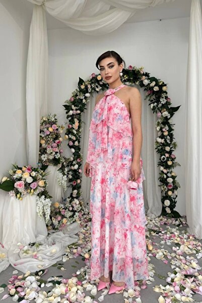 Caddebostan Moda Floral Patterned Layered Chiffon Strap Summer Midi Dress