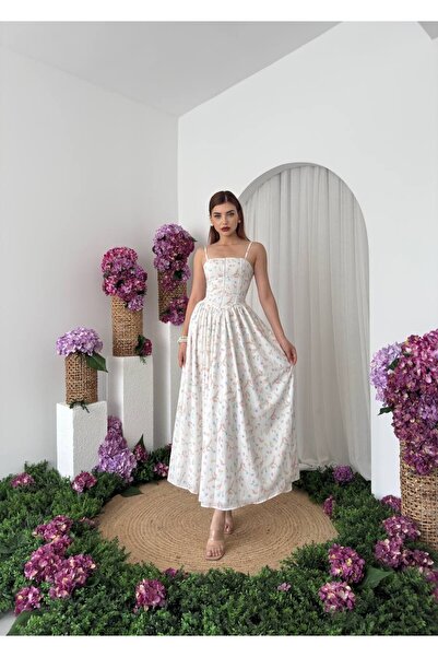 Caddebostan Moda Floral Patterned Rope Strap Corset Midi Dress Stylish Summer...