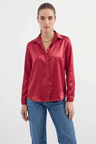 Efnaz style Women's Draped Satin A.Burgundy Shirt