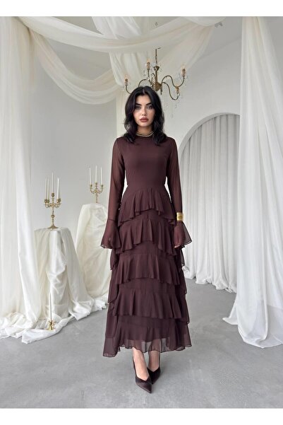 Caddebostan Moda فستان نسائي أنيق من الشيفون بأكمام طويلة وطبقات مكشكشة بطول ...