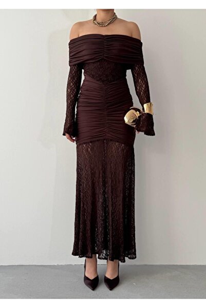 Caddebostan Moda Lace Detailed Long Sleeve Strapless Evening Dress
