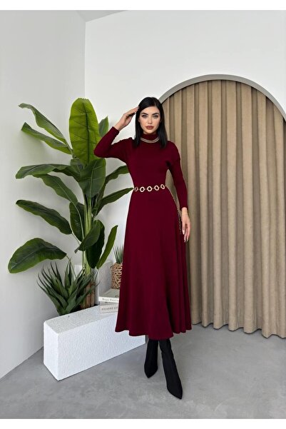 Caddebostan Moda High-Necked Long Sleeve Midi Dress Knitwear Winter Hijab Cas...
