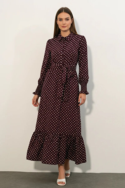 buğrahayalin Women's Shirt Collar Belted Ruffled Hem Polka Dot Burgundy Hijab...
