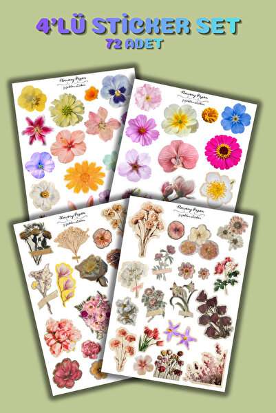 Flowery Paper 4'lü Çiçekler Sticker sayfası , Defter,ajanda ,journal,scrapboo...