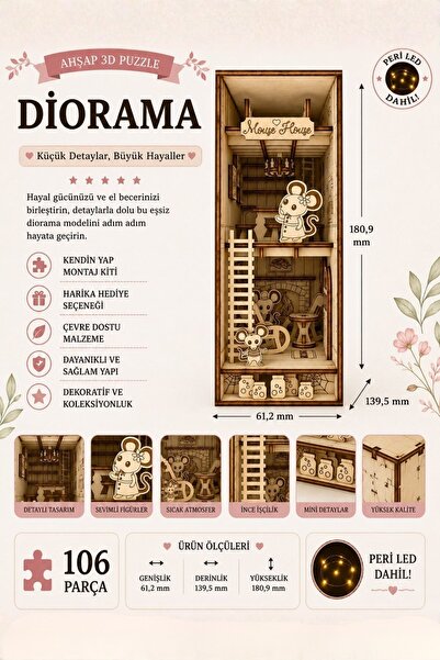 ALGWOOD Mouse House Ahşap 3D Puzzle Diorama Kitap Ayracı – Peri LED Işıklı, 1...