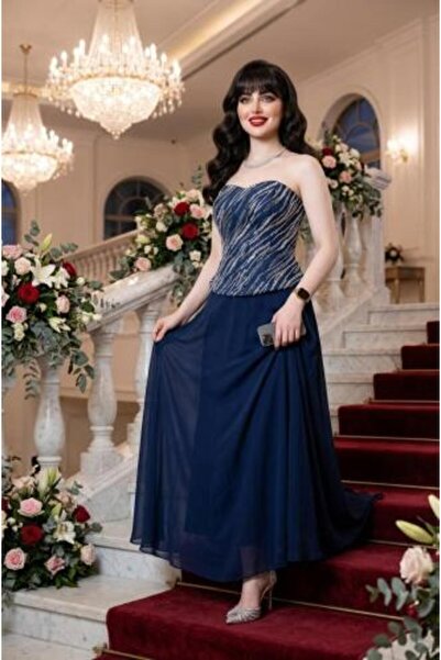 vela Dark Navy Blue Long Evening Dress Featuring Beaded Embellishments on the...
