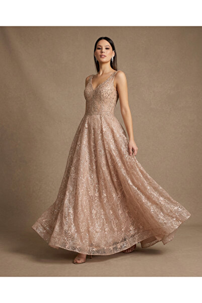 NO BRAND Vrn-Drs-022 |   Rose Gold Evening Dress Embroidered Royal Cut Gown