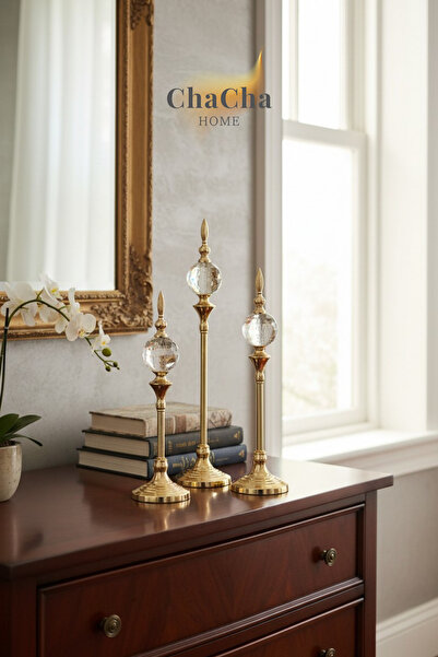 ChaCha Home Kristal Küre Dekoratif Obje 3’lü Set – Lüks Salon & Konsol Aksesuarı