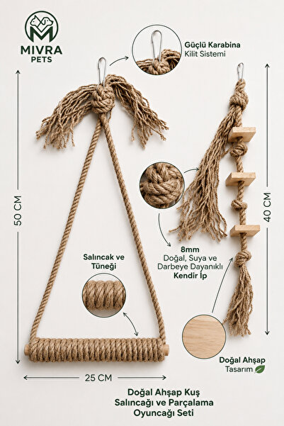 Mivra Pets Natural Parrot and Bird Toy Swing Perch and Chewing Toy Set