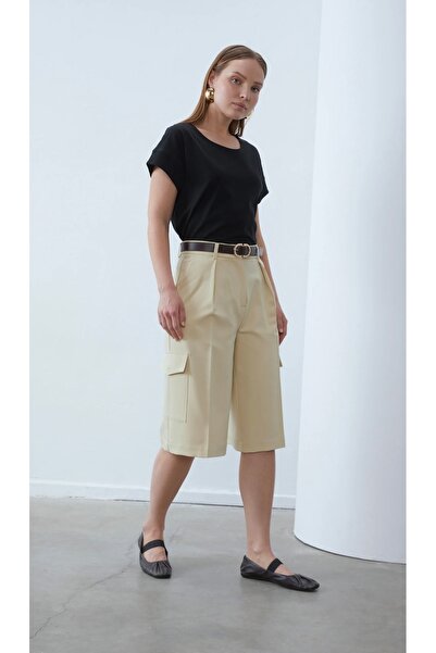 ANNA FİELD Women's Cargo Shorts with Belt, Bermuda Style, Beige,