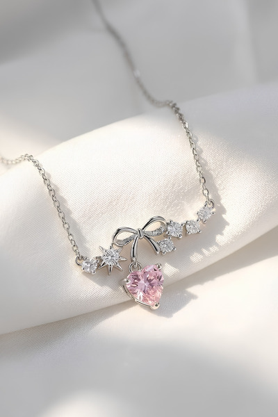 Elifsu Jewelry Zirkon Taşlı Kurdele Tasarım Kalp Detaylı Çelik Kolye