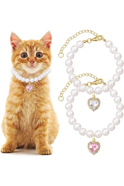 Arabest 2-Pack Pearl Pet Collar,Adjustable Heart-Shaped Rhinestone Cat Dog Ne...