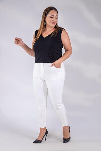 Roxxlen Women's Plus Size Stone Bow Trousers White