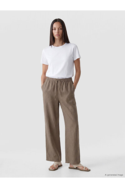 LC Waikiki Brown Elastic Waist Linen Women's Trousers
