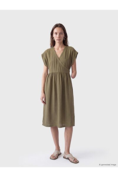 LC Waikiki Khaki Easy-To-Wear Double-Breasted Collar Snap Dress