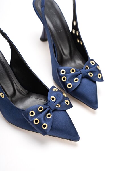 KARABAGSHOES Navy Blue Satin Bowknot Open-Back Heeled Shoes with Eyelet Acces...