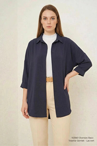 Efnaz style Women's Oversize Cut Basic Cotton Navy Blue Hijab Shirt