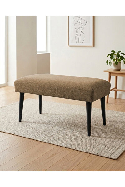 Azra Aksesuar Kahverengi Keten Kumaş Bench Puf 90x45x46 cm Ahşap Siyah Ayaklı...