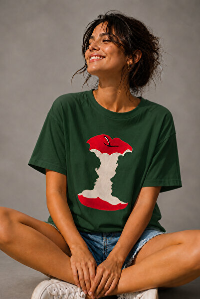 ArtYus Tricou oversize unisex cu imprimeu Bite Apple – Tricou casual din bumb...