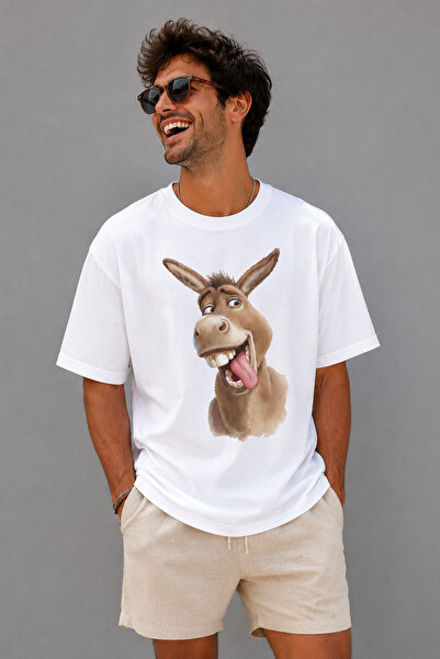 ArtYus Funny Donkey Character Printed Unisex Oversize T-Shirt – Cotton Crew N...