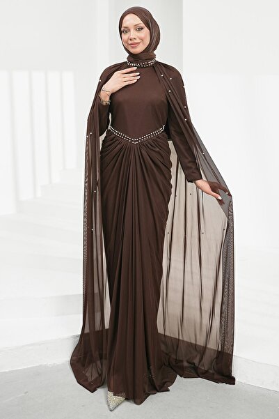 İmajButik Brown Shoulder Cape Pearl Embellished Evening Dress
