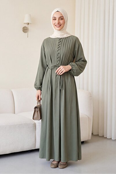 Modamorfo Half Buttoned Ribbed Belted Modal Dress - Green