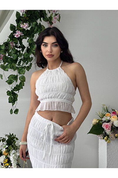 LOKADI Set din două piese pentru femei: top crop cu gât halter și fustă lungă...