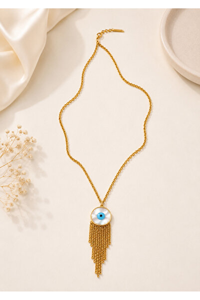 Archhazel Jewelery Gold Steel Necklace with Evil Eye and Tassels