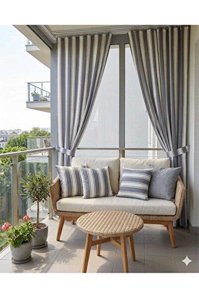 Zoya desing Çizgili Modern Balkon Perdesi Branda Ve Kırlent Kılıfı Balkon Set...