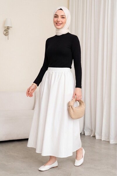 Modamorfo Elastic Waist Lined Parachute Skirt with Pockets -White