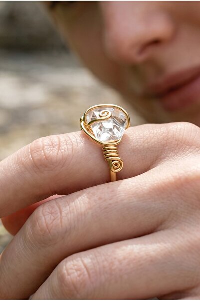 NBS Beautiful Naturel Stones Crystal Quartz Adjustable Ring Copper Top Plated...
