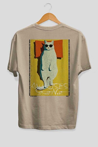 Ankhises For the Love of Cats 117 Cat Printed Beige Oversize T-Shirt 100% Cot...