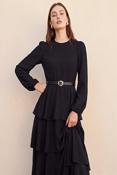 Rain and River Maxi-length chiffon dress with layered detailing.