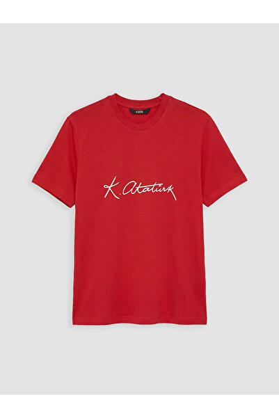LC Waikiki Red Crew Neck Ataturk Signature Printed Men's T-Shirt