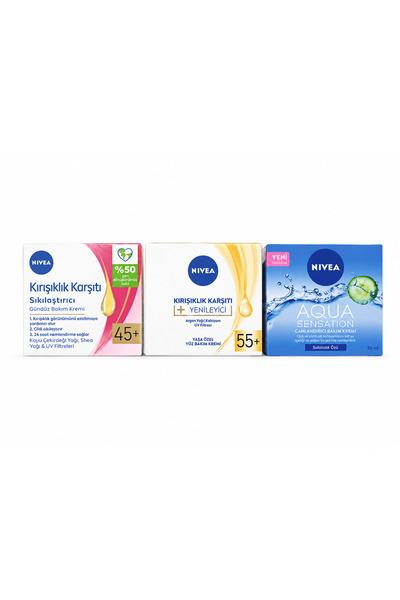 NIVEA Kırışık Karşıtı sıkılaştırıcı 45+Kırışık Karşıtı Yenileyici ve Aqua Sen...