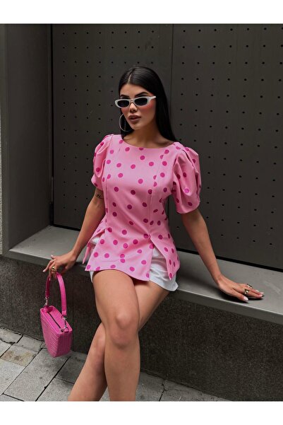 Lijuri Pink Polka Dot Padded Balloon Sleeve Blouse 3483
